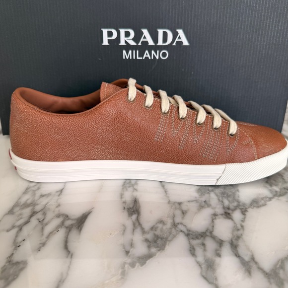 Prada Milano 2EE448 Mens Brown Pebbled Leather Low Top Sneakers, UK 7 main image 13